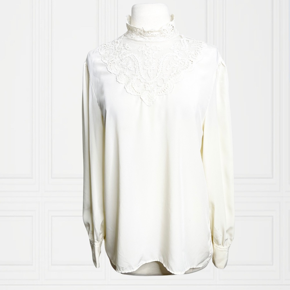 Vintage 80s Personal Cream Lace High Neck Blouse Floral Embroidery Pearl Button